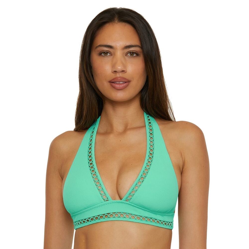 Becca Women's Modern Edge Rib-Knit Halter Bikini Top Blue Size M 1840